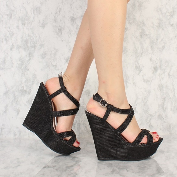 lack Shimmer Rhinestone Platform Wedge Heels - Picture 2 of 8